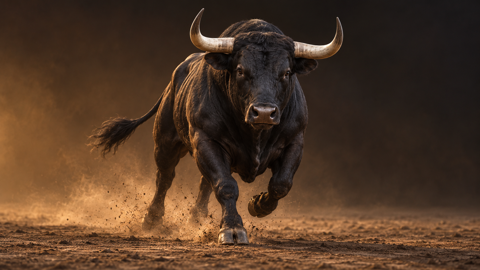 Realistic black bull approaching through restrained dust in warm cinematic light