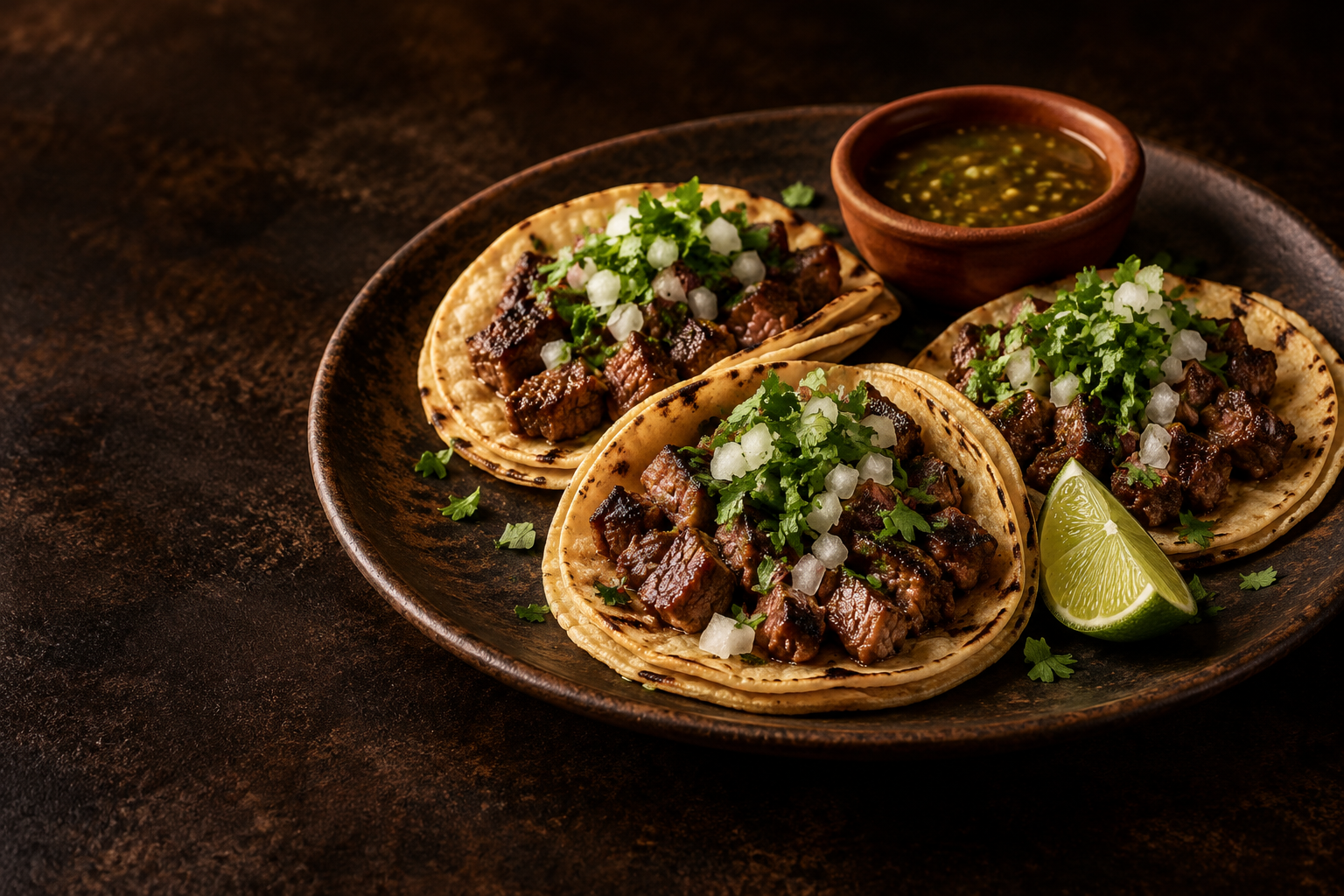 Illustrative steak tacos with cilantro and lime